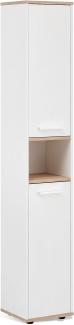 BadeDu ARC Hochschrank mit verchromten Griffen – Schrank für das Badezimmer (30 cm x 28,3 cm x 17,7 cm) – Badschrank schmal aus Holz in Weiß und Eiche