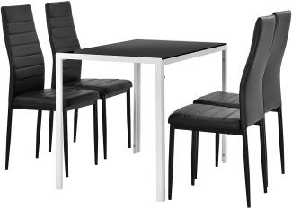 [en.casa] 'Bergen' Esstisch mit 4 Stühlen, Tischplatte Glas Schwarz/Weiß, 105x60x75 cm