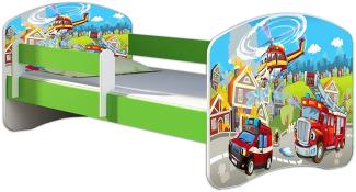 ACMA Kinderbett Jugendbett mit Einer Schublade und Matratze Grün mit Rausfallschutz Lattenrost II 140x70 160x80 180x80 (36 Feuerwehr, 180x80)