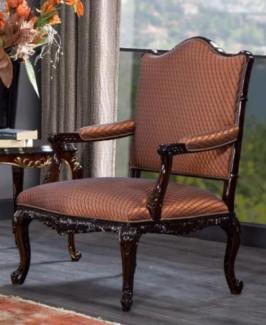 Casa Padrino Luxus Barock Sessel Orange / Dunkelbraun - Prunkvoller Wohnzimmer Sessel - Barockstil Wohnzimmer Möbel - Luxus Möbel im Barockstil - Barock Einrichtung - Edel & Prunkvoll