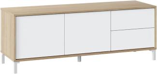 Wohnzimmer-TV-Ständer bestehend aus einem Modul mit zwei Türen und zwei Schubladen, Eiche und weiße Farbe, 130 x 47 x 41 cm