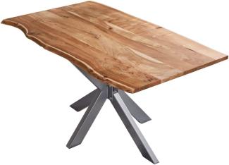 SAM Esstisch 140x80cm Benni, Akazienholz massiv + naturfarben, echte Baumkante, Baumkantentisch mit Spider-Metallgestell Silber, Esszimmertisch mit Tischplatte 26mm, FSC® 100% Zertifiziert