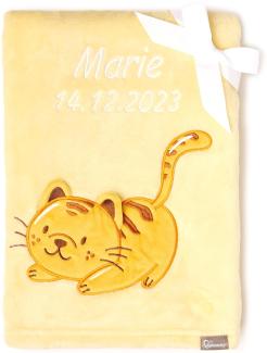 Be Mammy Personalisierte Babydecke mit 3D Applikation Warme Kuscheldecke mit Namen und Geburtsdatum; Perfektes Baby Geschenk; Blanket; Krabbeldecke BE20-280 (Gelb - Katze)