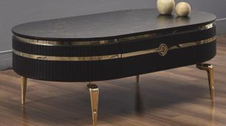 Casa Padrino Luxus Art Deco Couchtisch Schwarz / Gold 120 x 67 x H. 42 cm - Ovaler Wohnzimmertisch mit Schublade und Kunstmarmor Tischplatte - Wohnzimmer Möbel - Art Deco Möbel - Luxus Möbel