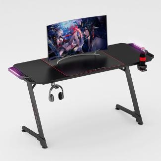 eXcape Gaming Tisch Z mit LED Beleuchtung 156cm - Carbon-Optik, Schreibtisch Gaming - inkl. Getränkehalter, Kopfhörerhalter - PC Tisch, Gamer Desk