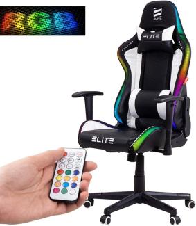 ELITE LED Gaming Stuhl MG200 Destiny - Ergonomischer Bürostuhl - Schreibtischstuhl - Chefsessel - Sessel - Racing Gaming-Stuhl - Gamingstuhl - Drehstuhl - Chair - Kunstleder (RGB Schwarz/Weiß)