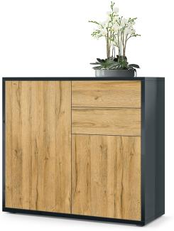 Vladon Sideboard Ben, Kommode mit 2 Türen und 2 Schubladen, Schwarz Hochglanz/Eiche Natur (79 x 74 x 36 cm)