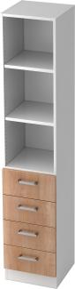 bümö® office Schubladen-Regal mit 4 Schüben & 3 Regalfächer in Weiß/Nussbaum mit Chromgriffen