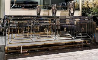Casa Padrino Luxus Sideboard Silber / Gold 220 x 50 x H. 85 cm - Verspiegeltes Sideboard mit 4 Türen - Luxus Möbel