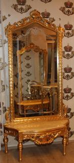Casa Padrino Barock Spiegelkonsole - Garderobenkonsole Gold mit Marmorplatte und mit schönen Barock Verzierungen auf dem Spiegelglas Mod6 - Antik Look