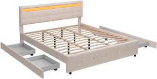 Merax LED Polsterbett 180x200 aus Samt Doppelbett Funktionsbett mit Höhenverstellbares Kopfteil & 4 Schubladen & Lattenrost Beige