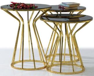 Casa Padrino Designer Beistelltisch Set Gold / Grau - 3 Metall Tische mit Glasplatte - Wohnzimmer Möbel - Luxus Kollektion