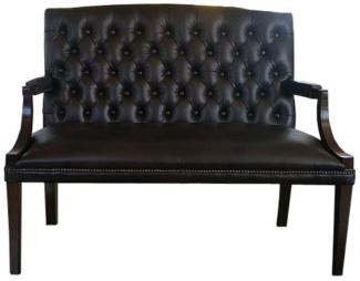 Casa Padrino Chesterfield Echtleder 2er Sitzbank mit Armlehnen Schwarz / Dunkelbraun 120 x 60 x H. 100 cm - Luxus Möbel