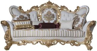 Casa Padrino Luxus Barock Sofa Weiß / Gold 248 x 108 x H. 122 cm - Wohnzimmer Sofa mit elegantem Muster und dekorativen Kissen - Prunkvolle Barock Möbel