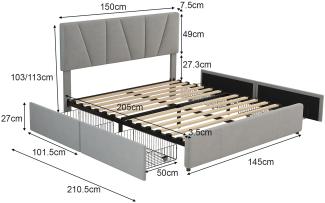 Merax Polsterbett 140x200 aus Samt Doppelbett Funktionsbett mit Höhenverstellbares Kopfteil & 4 Schubladen & Lattenrost Grau