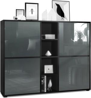 Vladon Highboard Cuba V3, Schwarz matt/Grau Hochglanz - Moderne Anrichte mit 12 Fächern (130,5 x 105,5 x 35,5 cm)