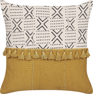 Dekokissen geometrisches Muster Baumwolle cremeweiß senfgelb mit Quasten 45 x 45 cm WOODI