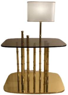 Casa Padrino Luxus Designer Beistelltisch Bambus Gold / Schwarz / Weiß 70 x 45 x H. 40 cm - Vergoldeter Messing Nachttisch mit Glasplatte und integrierter Tischleuchte - Hotel Möbel - Luxus Qualität