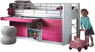 Hochbett Jax inklusive Schreibtisch + Schrank + Regal + Kommode + Lattenrostplatte weiß - pink EN 747-1+2