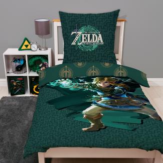 Zelda Bettwäsche Set 135x200 80x80 aus 100% Baumwolle mit Reißverschluss grünes Motiv Tears of the Kingdom