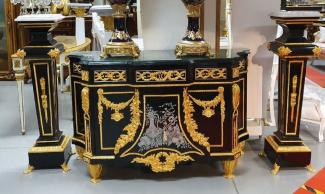 Casa Padrino Luxus Barock Möbel Set Schwarz / Gold - 1 Barock Kommode und 2 Barock Säulen - Prunkvolle Barock Möbel