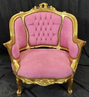 Casa Padrino Barock Damen Salon Lounge Sessel Rosa / Gold - Antik Stil Sessel - Antik Stil Möbel - Wohnzimmer Möbel im Barockstil - Barock Möbel - Edel & Prunkvoll