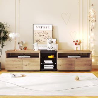 Merax TV-Schrank, Boden mit Schubladen und Glastrennwänden, Farbblockdesign in Schwarz und Holz. 201*40*48cm