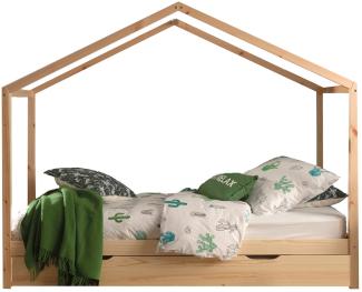 Hausbett Monroe Vipack mit Dach inklusive Rolllattenrost + Dachaufbau Kiefer massiv natur in 90*200 cm Set 1 (+ Bettschublade)