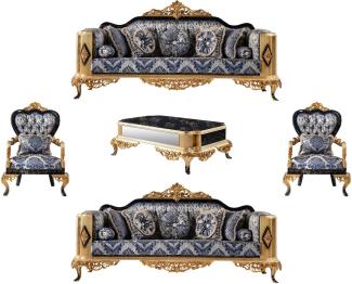 Casa Padrino Luxus Barock Wohnzimmer Set Blau / Schwarz / Gold - 2 Barock Sofas & 2 Barock Sessel & 1 Barock Couchtisch - Luxus Wohnzimmer Möbel im Barockstil - Barock Möbel - Edel & Prunkvoll