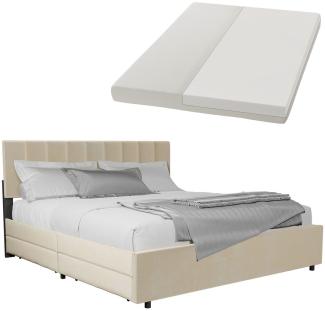 Juskys Samt Polsterbett Soria 180x200 cm mit Matratze, Lattenrost & Schubladen - modernes Bett - Kopfteil höhenverstellbar - Doppelbett Beige