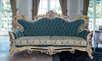 Casa Padrino Luxus Barock Sofa Blau / Gold - Handgefertigtes Barockstil Wohnzimmer Sofa mit elegantem Muster - Barock Wohnzimmer Möbel