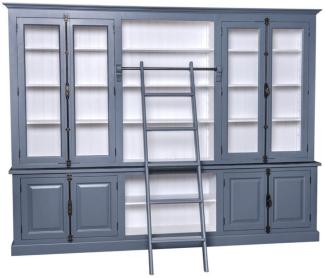 Casa Padrino Landhausstil Bücherschrank mit Leiter Blau / Weiß 300 x 50 x H. 230 cm - Landhausstil Möbel