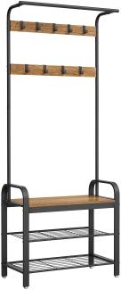 VASAGLE Garderobenständer, Garderobe, mit Schuhbank, 4-in-1 Design, 9 abnehmbare Haken, Kleiderstange, Eingangsbereich, Flur, 33,7 x 72 x 183 cm, Industrie-Design, walnussbraun-schwarz HSR040B41