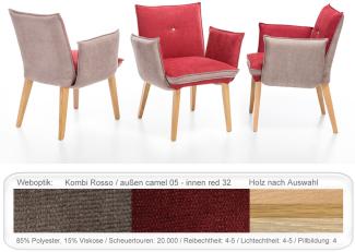 6x Sessel Gerit 1 Rücken mit Knopf Polstersessel Esszimmer Massivholz Eiche natur lackiert, Kombi Fleckless Rosso