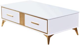 Casa Padrino Luxus Couchtisch Weiß / Gold 130 x 70 x H. 41 cm - Moderner Wohnzimmertisch mit 2 Schubladen - Moderne Wohnzimmer Möbel