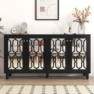 Merax Sideboard mit Spiegelelementen und geometrischem Trellis-Muster, Kommode mit Spiegelfront, Anrichte, B/H/T: 160/84/40cm