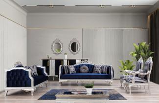 Casa Padrino Luxus Barock Wohnzimmer Set Blau / Silber / Gold - 2 Sofas & 2 Sessel & 1 Couchtisch - Wohnzimmer Möbel im Barockstil - Edel & Prunkvoll