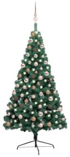 vidaXL Künstlicher Halber Weihnachtsbaum mit LEDs & Kugeln Grün 150 cm, Mit Beleuchtung [3077564]