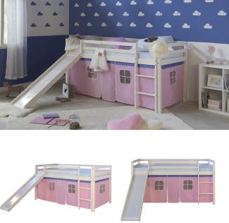 Hochbett Spielbett Kinderbett Rutsche Kiefer Vorhang pink 90x200 Jugendbett