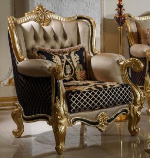 Casa Padrino Luxus Barock Sessel Gold / Schwarz / Mehrfarbig / Gold - Prunkvoller Wohnzimmer Sessel mit elegantem Muster - Barock Wohnzimmer Möbel