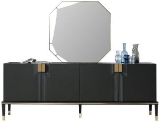 Casa Padrino Luxus Möbel Set Schwarz / Gold - 1 Sideboard mit 4 Türen & 1 Spiegel - Moderne Massivholz Möbel - Luxus Kollektion
