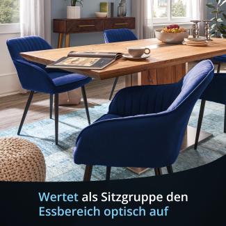 KHG Esszimmerstuhl Polsterstuhl Küchenstuhl Sessel mit Armlehnen Blau Samt - Metallbeine schwarz, Rückenlehne und Armlehnen gesteppt - Design Stuhl Sitzhöhe 47 cm