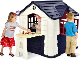 COSTWAY 164 x 124 x 132 cm Kinder Spielhaus mit Pickniktisch, Türen und Fenstern, Kinderhäuschen Outdoor inkl. Spielzeugset und Regenschutzhülle, ideal für Jungen und Mädchen (Blau)