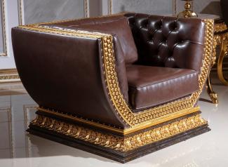 Casa Padrino Luxus Barock Chesterfield Sessel Dunkelbraun / Gold - Prunkvoller Wohnzimmer Sessel mit edlem Kunstleder - Barock Chesterfield Wohnzimmer Möbel