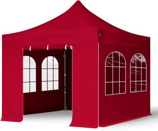 3x3 m Faltpavillon, PREMIUM Stahl 40mm, Seitenteile mit Sprossenfenstern, rot