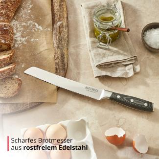 Meisterkoch Brotmesser Messer Küchenmesser | 20 cm Klinge aus rostfreiem deutschen Edelstahl | ergonomischer Micarta-Griff mit Fingerschutz, 3-fach vernietet