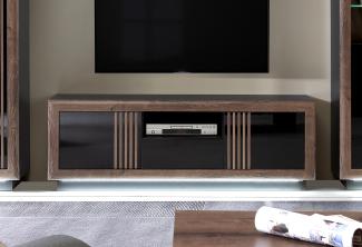 FORTE Savona TV-Unterschrank mit LED Beleuchtung, Holzwerkstoff, Schwarz/Braun, 162,7 x 56,2 x 42,3 cm