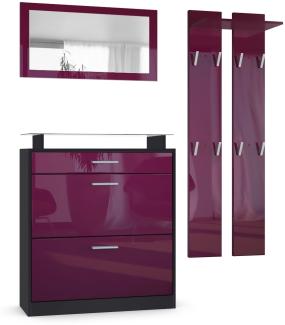 Vladon Garderobe Loret mini, Garderobenset bestehend aus 1 Schuhschrank, 1 Wandspiegel und 2 Garderobenpaneele, Schwarz matt/Brombeer Hochglanz