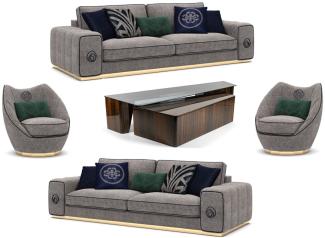 Casa Padrino Luxus Wohnzimmer Set Grau / Braun - 2 Sofas & 2 Sessel & 1 Couchtisch Set - Edle Wohnzimmermöbel - Luxus Möbel