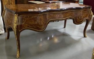 Casa Padrino Barock Schreibtisch Mahagoni Intarsien / Gold - Handgefertigter Antik Stil Sekretär mit 5 Schubladen - Barock Büro Möbel